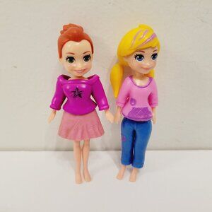 2 Polly Pocket Mini Girl Figure Dolls Red Head Blonde Hair Blue Eyes Cake Topper
